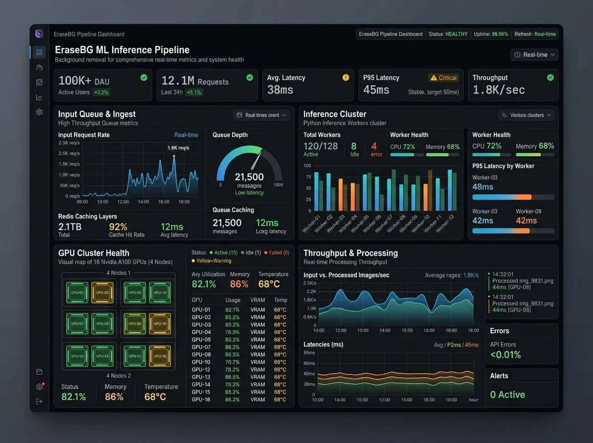 EraseBG high throughput ML inference pipeline and GPU queue dashboard