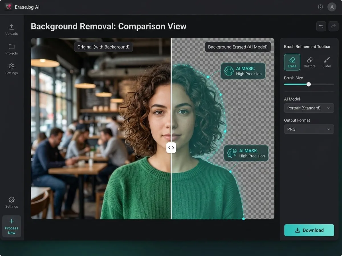 Precision ML background removal comparison with transparent cutout mask