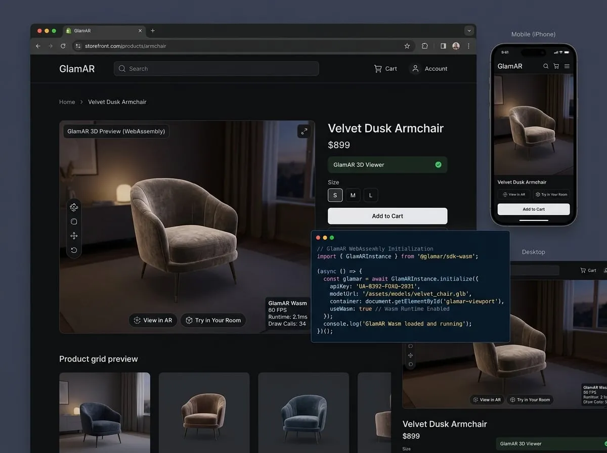 GlamAR embeddable JavaScript SDK and Shopify 3D spatial viewer